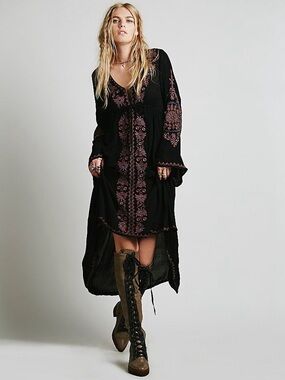 Black Maxi Dress with Pink Embroidered Trim